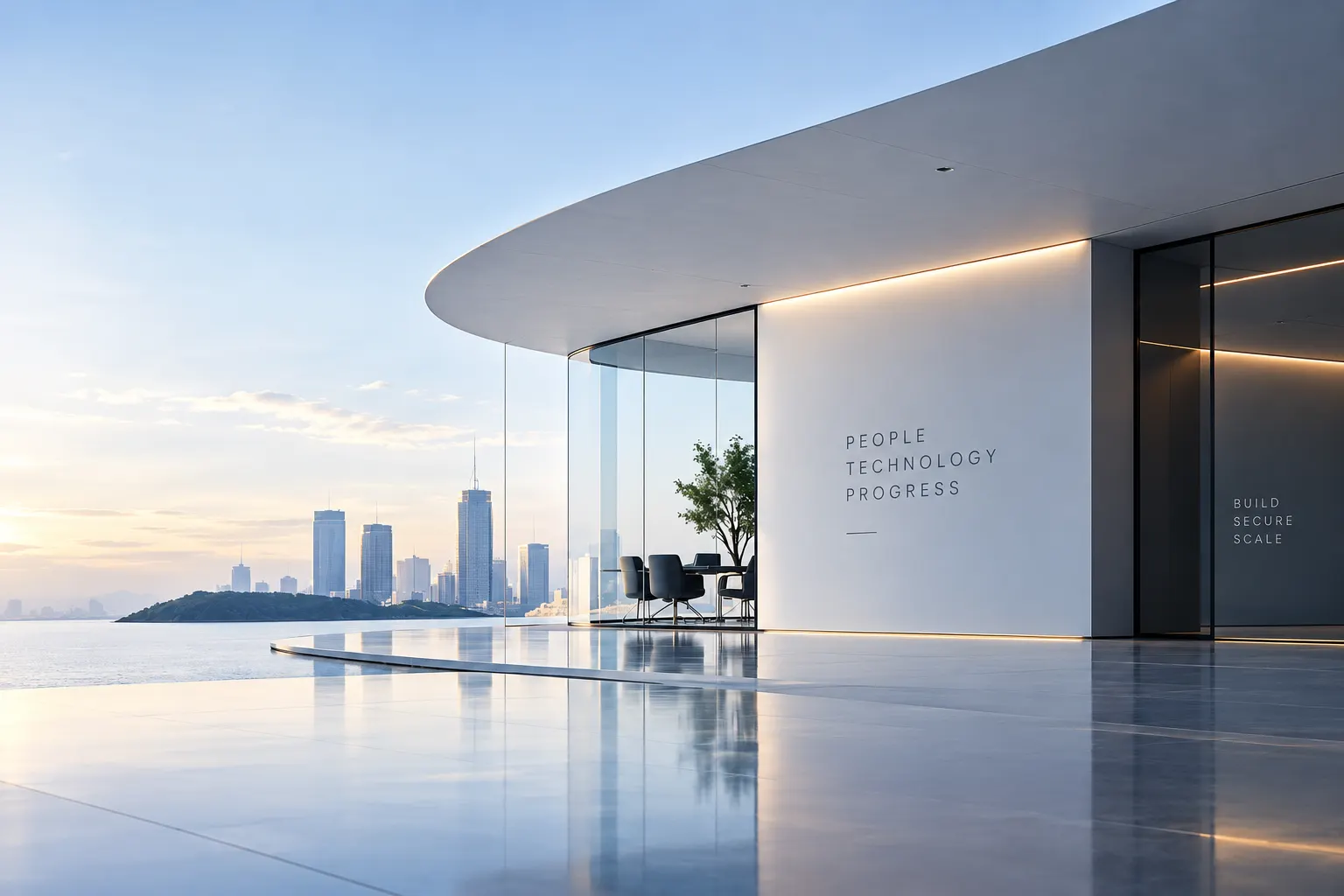 Modern glass office terrace overlooking a city skyline at sunrise