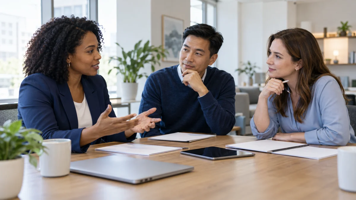 Illustrative professionals discussing a technology plan.