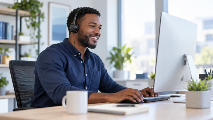 Illustrative IT professional at a desktop workstation.