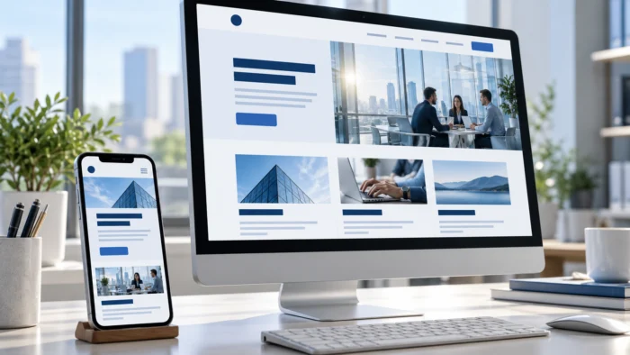 Responsive website displayed on desktop and mobile devices.